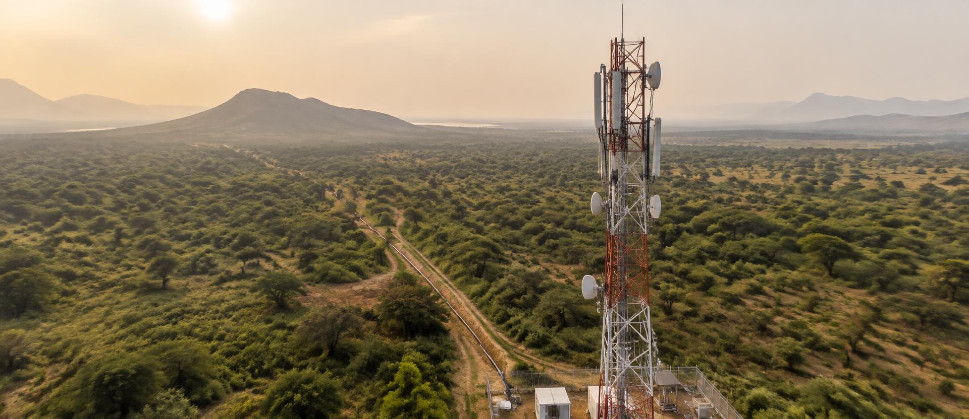 Aerial view of a telecommunications tower and fibre route